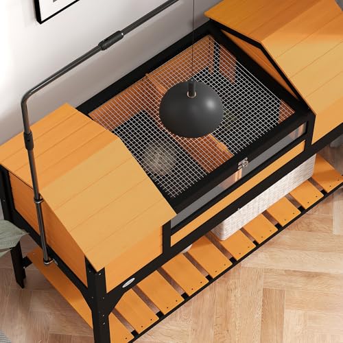 PawHut Tortoise Habitat with Adjustable Lamp Holder, Attached Tray Yellow | Wooden Tortoise Enclosure, Storage Shelf, Dual Main Houses, Openable Lid - color: Yellow