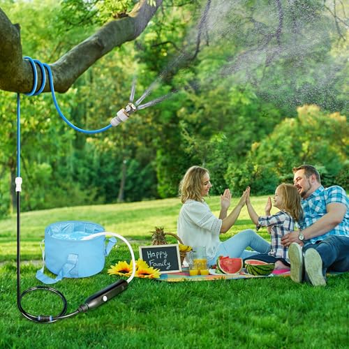 Portable Misting System with Water Pump, Plant Sprayer & Garden Hose Mister 3-in-1, No Faucet Required Misters for Outside Patio Beach Camping Golf Cart Boat, Smart Misting Cooling System - color: Portable Mister Blue