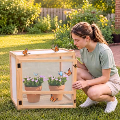 Wooden Butterfly Habitat Cage Kit Monarch Caterpillar Enclosure with Mesh Tent & Wood Frame, Detachable Insect Observation House for Kids Outdoor Garden (20") - size: 20"