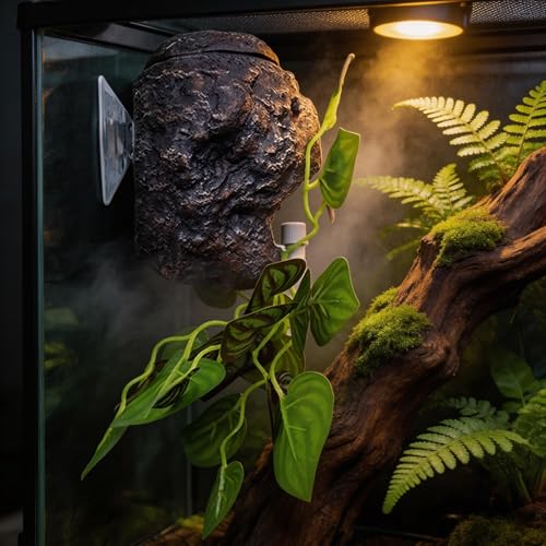 Reptile Water Dish with Dripper, Adjustable Wall-Mounted Water Bowl for Terrarium Humidity Control - Natural Rock Decor Feeding & Watering Dish for Gecko, Lizard, Snake, Frog & Small Reptiles