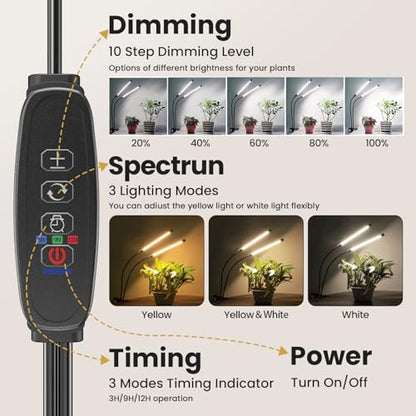 bseah Plant Grow Light for Indoor Plants, Full Spectrum Indoor Grow Light, 3 Modes & 10-Level Dimmable, Auto ON & Off Timer - style: 2 Tubes
