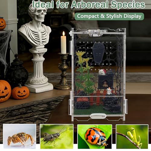 Jumping Spider Enclosure 5.1"x3.1"x3.1" – Magnetic Locking Lid, Front Opening Door, Feeding Port, Easy Assembly Habitat for Tarantula, Mantis, Small Reptiles (Accessories Not Included)