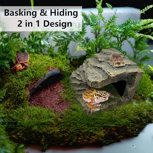 Tfwadmx Tortoise Basking Platform, Crested Gecko Hide, Reptile Cave Hideout with Basking Area, Turtle Tank Accessories for Leopard Geckos,Small Bearded Dragons,Frogs,Newts