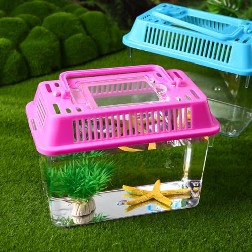 Portable Fish Tank 4-Pack 5.90X4.33X3.74In Handheld Aquarium Plastic Transparent Turtle Box with Handle Small Plastic Fish Carrier for Hamsters and Reptiles