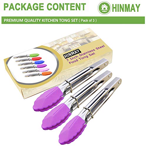 HINMAY 7-Inch Stainless Steel Tongs with Silicone Tips, Set of 3 (Purple) | 7-Inch Locking Metal Food Tongs - color: Purple