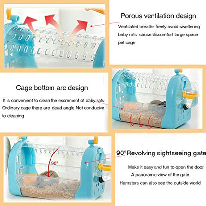 kathson Hamster Cage Travel Carrier Portable Cage with Water Bottle Outgoing Cage and Adjustable Strap Pet Cage for Small Pet Hedgehog Sugar Glider Squirrel Mice（Blue） - size: 9.8"L x 10.0"W x 7.3"H