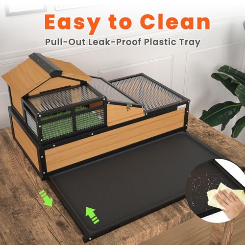 3-Room Large Tortoise Habitat with Pull-Out Tray, Wooden Tortoise Enclosure Indoor & Outdoor with Ramp, Grass Mat, Openable Roof, Luxurious Reptile Enclosure for Small Animals, Yellow
