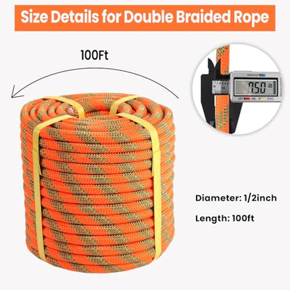 1/2 inch x 100ft Arborist Tree Climbing Rope – 48 Strand Polyester Static Bull Rope, 9000lb Breaking Strength – Heavy Duty Utility Line for Swing Pulling, Outdoor, Marine Use – ASTM F2116 Certified - size: 1/2IN x 100FT, style: Orange