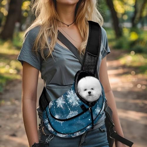COEQINE Small Lightweight Dog Walking Crossbody Christmas Purse for Puppy Front Facing Dog Carrier Sling with Drawstring Hook Breatheable Protection Pet for Travel Outdoor - color: Christ Mas Snowflake