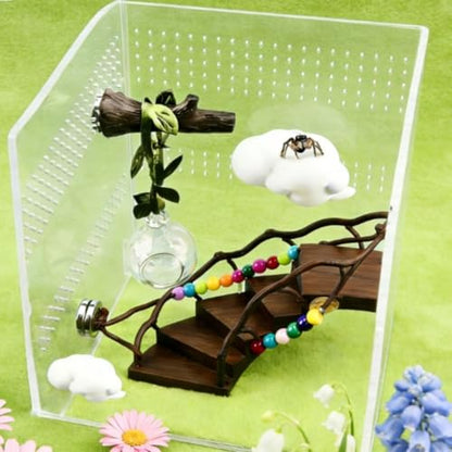 4 Pack Jumping Little Creatures Habitat Glass Ball Hideout Platform Shelf, Transparent Terrarium Decor with Tree Trunk Garden Courtyard, White
