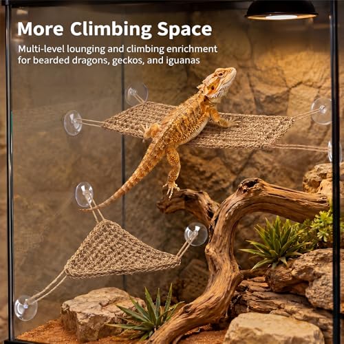 Dansydaisy 4 Pcs Reptile Hammock Bearded Dragon Tank Accessories, Woven Lounger with Strong Suction Cups, 2 Rectangle (19.7" x 7.9") and 2 Triangle (7.9" x 11.0") Climbing Beds for Geckos Iguanas - size: 19.7" X 7.9"，7.9" X 11.0"