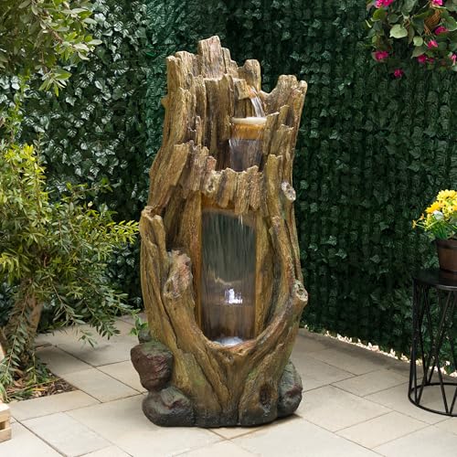 Alpine Corporation TZL338 Outdoor 3 Tier Waterfall Tree Trunk Floor Fountain with LED Lights for Patio, and Lawn Decor, 59 Inches Tall - style: 3-Tier 59" H - Cool White LEDs