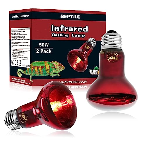LUCKY HERP Infrared Heat Lamp 50W 2 Pack，Reptile & Amphibian Basking Spot Light Bulbs, Red Heat Lamp Bulbs for Reptiles, Bearded Dragon, Turtle, Lizard, Snake, Chicken - size: 50