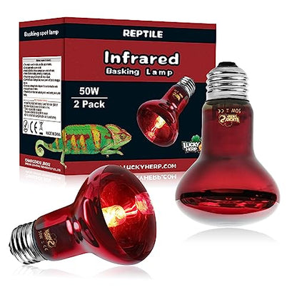 LUCKY HERP Infrared Heat Lamp 50W 2 Pack，Reptile & Amphibian Basking Spot Light Bulbs, Red Heat Lamp Bulbs for Reptiles, Bearded Dragon, Turtle, Lizard, Snake, Chicken - size: 50