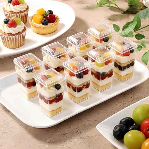 Eupako 3 oz Plastic Dessert Shooter Cups with Lids - 100 Pack Mini Clear Square Appetizer Cup, Small Dessert Cup for Jello Shots, Parfait, Puddings, Mousse - style: Square - 3 oz - 100 Set