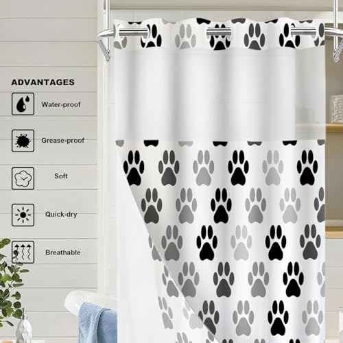 Black Animal Paw Cat Dog No Hooks Shower Curtain with Snap in Liner Set, Colorful Paw Prints Tub Curtainn Mesh Top Window & Magnetic Hem Waterproof 35.5X74 Inch - color: Animal Dog Black, size: 35.4"W x 74"L (Pack of 1)