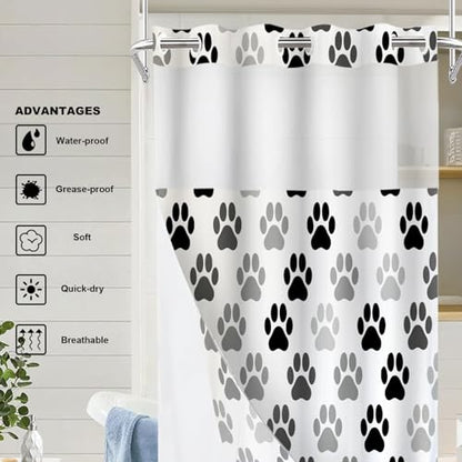 Black Animal Paw Cat Dog No Hooks Shower Curtain with Snap in Liner Set, Colorful Paw Prints Tub Curtainn Mesh Top Window & Magnetic Hem Waterproof 35.5X74 Inch - color: Animal Dog Black, size: 35.4"W x 74"L (Pack of 1)
