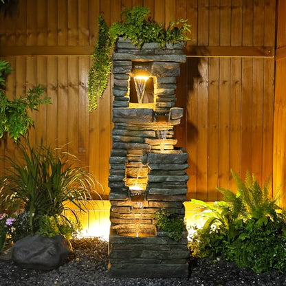 Tankana 60 inches Large Outdoor Water Fountain Waterfall — Garden Rock Fountains 4-Tiered Waterfalls Outdoor with Lights Natural Stone Look Hollow Fountain for Patio Pool Porch Backyard, Stone Gray