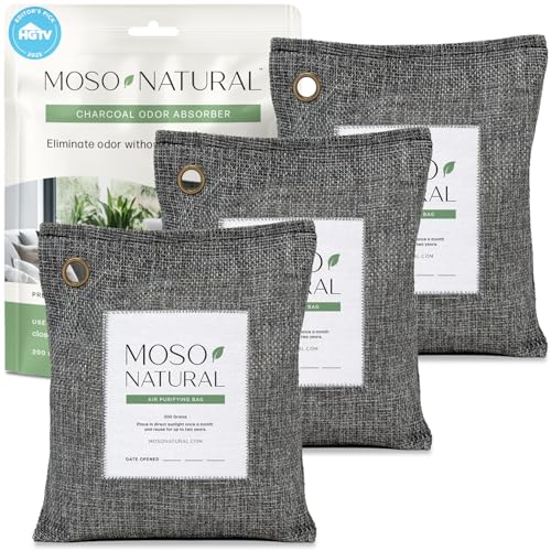 Moso Natural Air Purifying Bag 200g (3 Pack) HGTV Editor's Pick | Premium Bamboo Charcoal Odor Absorber for Home & Car | Closet Odor Eliminator & Car Air Freshener | Long Lasting Charcoal Bags - style: 200g (3 Pack)