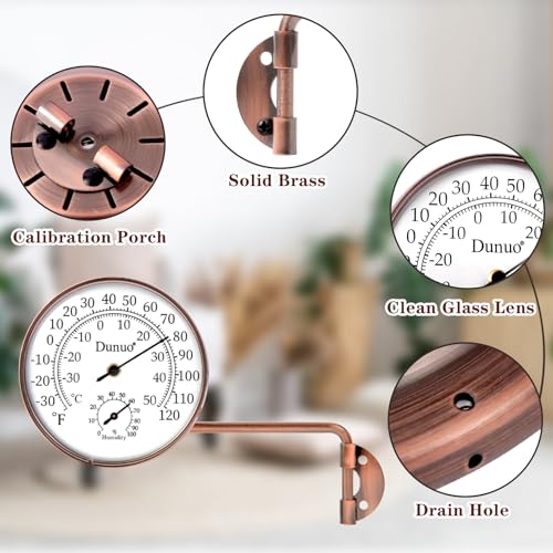 4-Inch Long Arm Brass Outdoor Thermometer & Humidity Gauge | Weatherproof Battery-Free Analog Hygrometer, °F/°C Dual Scale, Adjustable Swivel Bracket for Patio, Window & Greenhouse - size: 4inch with longer arm