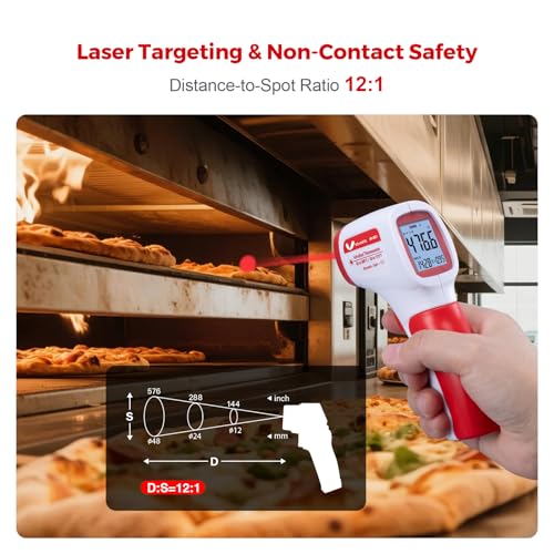 Infrared Thermometer for Meat,Laser Temperature Gun,-58~1112°F,DS 12:1 Digital IR Temp Gun with Adjustable Emissivity&High/Low Alarm,LCD Display Thermal Gun for Food Oven Cooking HVAC - color: Red