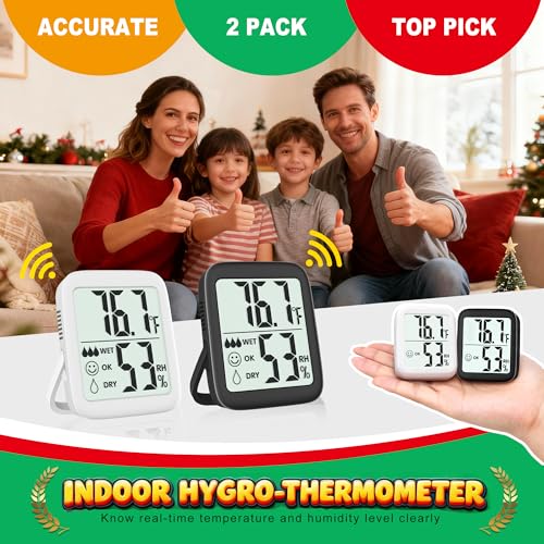 2 Pack Room Thermometer Indoor Hygrometer | Monitor Temperature & Humidity, Accurate, Fast Read, Easy To View, Magnetic/Kickstand/Hanging, ℉/℃, w/ Battery, Compact - color: 2 Pcs* Black & White