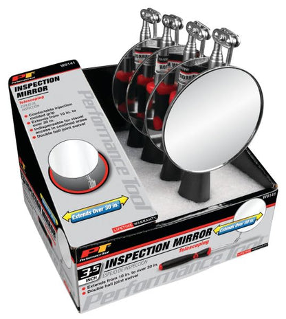 Performance Tool W9141 3.5 in. Jumbo Round Inspection Mirror | Telescoping mechanics mirror extends up to 30 inches. Double ball joint swivel. Comfortable grip for confined areas - size: Round Inspection Mirror |Extends: 11-3/8 to 30"