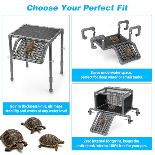 SKARUS Hanging Turtle Basking Platform with Ramp for 15 20 29 55 Gal Tanks | 4.9"-7.3" Adjustable Height, Fits 10.8"-16.1" Wide Aquariums, Non-Slip PVC Climbing Surface, Reptile Dock - size: 10.8"W