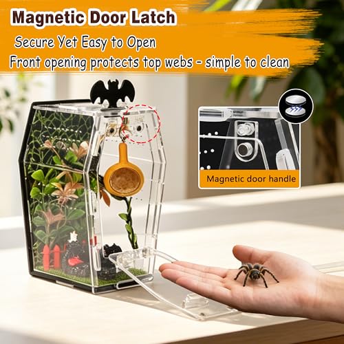 19PCS Jumping Spider Enclosure Kit, Acrylic Goth Coffin Terrarium with Magnetic Lock & Feeding Hole, DIY Decor Set for Tarantula Mantis Insect Habitat, Black Base