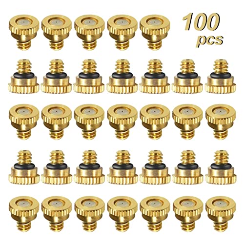 KUWAN 0.016" Orifice (0.4mm) Thread UNC 10/24 Brass Misting Nozzles 100PCS | Low Pressure Atomizing Misting Sprayer Water Hose Nozzle for Greenhouse, Landscaping, Outdoor Cooling Mister System - color: 100PCS