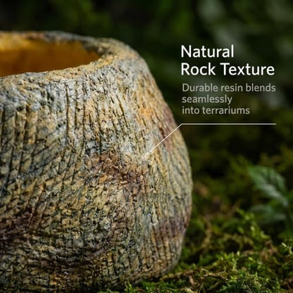 Resin Reptile Feeding Water Bowl with Wide Non-Slip Base | for Bearded Dragons, Gecko & Frog Compatible, Soaking & Drinking, Natural Rock Texture, Cage Decor