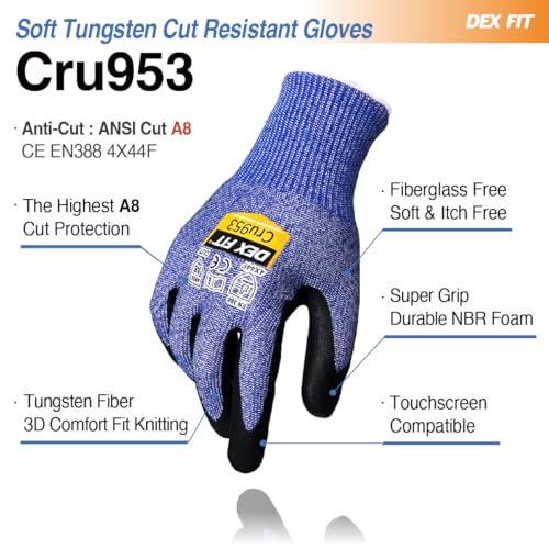 DEX FIT Level A8 Steel Cut Resistant Gloves Cru953, 3D-Comfort Stretchy Fit, Power Grip, Thin, Touch-Screen Compatible, Durable, Machine Washable; Steel Blue S 1 Pair - color: A8 Blue, size: Small