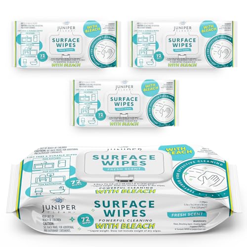 Juniper CLEAN 3 Pack Surface Cleaning Wipes with Bleach, All-Purpose Cleaner for Bathroom, Kitchen, Office, 216 Count Soft Flow, Fresh Scent, Lint Free & Durable - size: 72 Count (Pack of 3)
