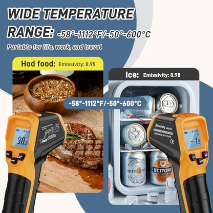 Infrared Thermometer Laser Temperature Gun -58℉ to 1112℉,with Cal Calibration and Adjustable Emissivity,Min& Max Measure,for Cooking,Oven,Meat Food,HVAC,Appliance（Yellow） - color: Yellow