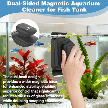 fishkeeper Dual-Blades Magnetic Aquarium Glass Cleaner with 4 Algae Scraper | 2-In-1 Floating Scrubber, Double Side Magnetic Fish Tank Cleaner for 0.24-0.4 Inch Thick Glass & Acrylic Aquarium Tanks (M) - size: M for Glass Thickness:0.394"