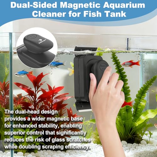 fishkeeper Dual-Blades Magnetic Aquarium Glass Cleaner with 4 Algae Scraper | 2-In-1 Floating Scrubber, Double Side Magnetic Fish Tank Cleaner for 0.4-0.6 Inch Thick Glass & Acrylic Aquarium Tanks (L) - size: L for Glass Thickness: 0.6"