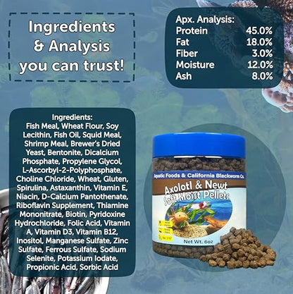 Axolotl Pellet Food 3/16" Soft Moist Sinking Pellets for Juvenile Axolotl Also Shrimp, Snails, Crayfish, Bottom Tropical Fish, Blackworm Pellets Included 6oz Canister - size: 6 Ounce (Pack of 1)