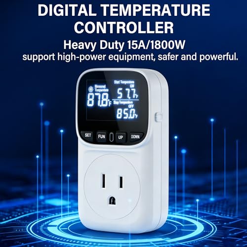 Digital Temperature Controller,15 Amp/1800 Watt Thermostat Socket Plug | VA Display for Heating and Cooling Control Timer,Suitable for Greenhouse Incubators,Homemade Equipment,etc. - color: White