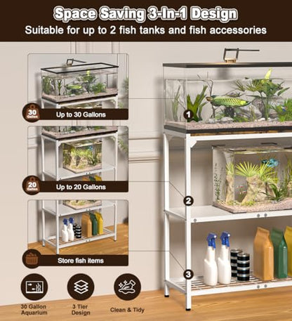 20-30 Gallon Aquarium Stand with 3-Tier Adjustable Storage Shelf | Heavy Duty Fish Tank Stand, Reptile Breeder Turtle Tank Terrarium Rack Table for Home Office, 31" L x 13" W x 32.2" H, White