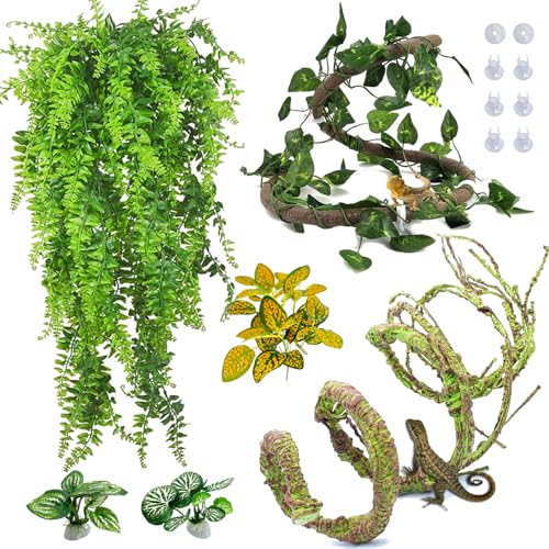 PINVNBY 7 PCS Reptile Plants Vine, Terrarium Hanging Flexible Climbing Artificial Leaves Reptile Hide, Bearded Dragon Tank Accessories, Terrarium Decor for Leopard Gecko Lizard Snake Geckos Chameleon - size: 7PCS