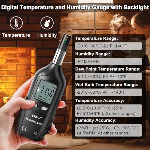 ERAY Digital Psychrometer Thermometer Hygrometer with Backlight | Temperature and Humidity Reader Meter Thermo-Hygrometer with Dew Point and Wet Bulb Temperature, 9V Battery Included(Black) - color: Black