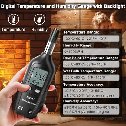 ERAY Digital Psychrometer Thermometer Hygrometer with Backlight | Temperature and Humidity Reader Meter Thermo-Hygrometer with Dew Point and Wet Bulb Temperature, 9V Battery Included(Black) - color: Black