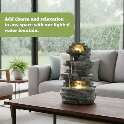Tabletop Waterfall Fountain with Cascading Rock and LED Lights - Resin Tiered Stones for Office, Patio, and Home Decor by Pure Garden (Gray)