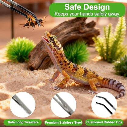 2 Pcs Extra Long Stainless Steel Reptile Feeding Tongs 10.6 IN with Soft Rubber Tip – Straight & Curved Tweezers for Bearded Dragon, Tank Accessories, Lizards, Terrarium, Aquarium, Leopard Gecko