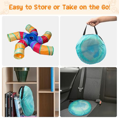 Depets Cat Tunnel for Indoor Cats, Large Collapsible Cat Tube Toys, 5-Way | Pet Play Tunnel with Interactive Peephole & Play Ball, S-Shaped, for Kittens Puppies Rabbits Indoor Exercise, Polyester