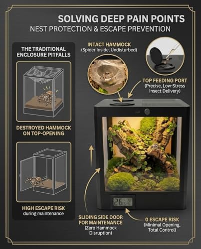 Smart Jumping Spider Terrarium with LED Light & Temp Humidity Monitor – Micro-Jungle Reptile Enclosure, Vertical Desktop Rainforest Ecosystem Display Decor