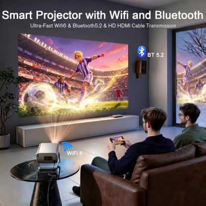 [Now with Netflix] 4K Projector with WiFi and Bluetooth, Auto Focus Keystone Smart Projector, Outdoor Projector with Adjustable Stand for Home Bedroom