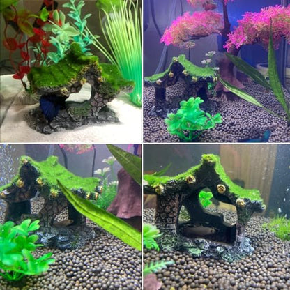 Aquarium Decoration House Resin Hideout Small Betta Fish Shrimp Tank Hide | with moss,Hollow,Small fish tank decoation,Aquarium ornament,Betta fish accessories,Small fish tank cave - size: 1PCS