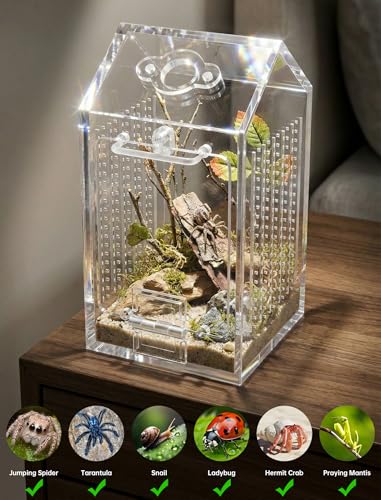 NiHome Clear Acrylic Jumping Spider Enclosure, Magnetic Tarantula Terrarium | Acrylic Praying Mantis Enclosure, Magnetic Opening Door & Feeding Port, Escape-Proof Reptile Habitat, 1.5mm Ventilation Holes