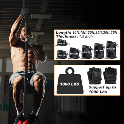 Climbing Rope Gym Workout - 1.5 Inch Dia 10FT 15FT 20FT 25FT 30FT 35FT 40FT 50FT Heavy Duty Work Out Rope Exercise Climbing Ropes for Adults Kids Fitness & Strength Training Outdoor & Indoor - Black - style: 1.5 Inch-25ft